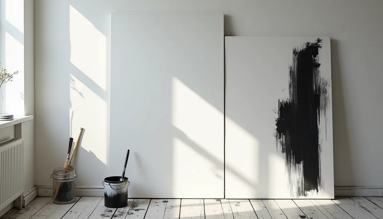 Atelier de peintre avec une grande toile abstraite aux larges traits noirs sur fond blanc